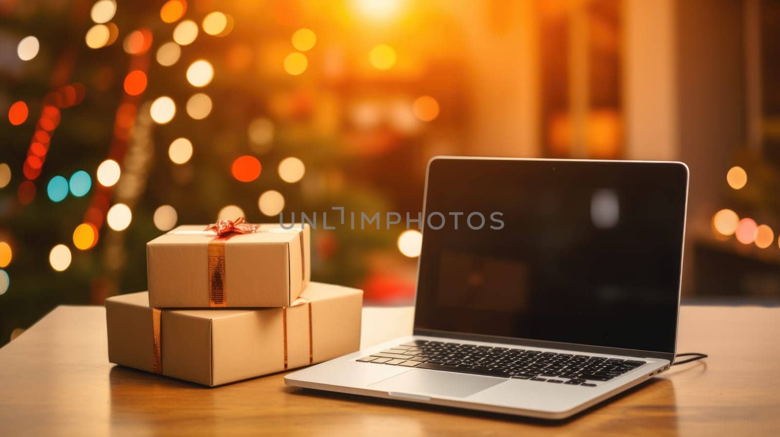 Delivered parcel box on table with laptop blurred home background. Christmas Online shopping. Black Friday sale