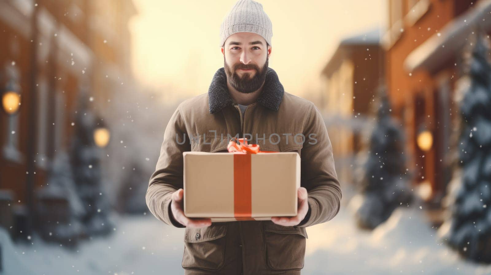 Smiling delivery man holding parcel box looking at camera blurred Winter street background. Christmas holidays delivery.