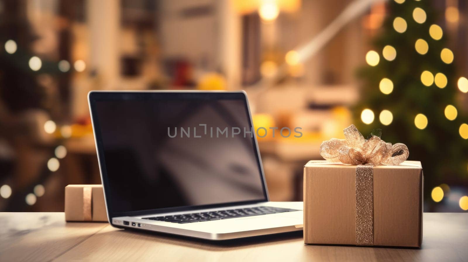 Delivered parcel box on table with laptop blurred home background. Christmas Online shopping. Black Friday sale