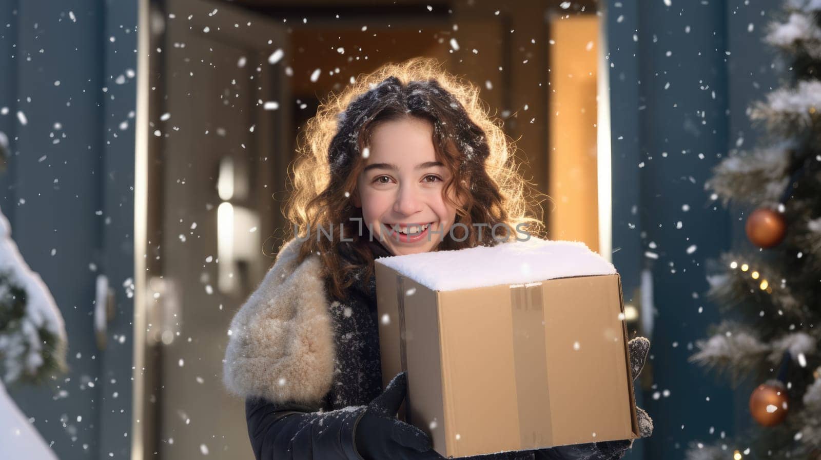 Smiling woman holding parcel box next to front door house entrance. Christmas holidays delivery. Black Friday Online shopping