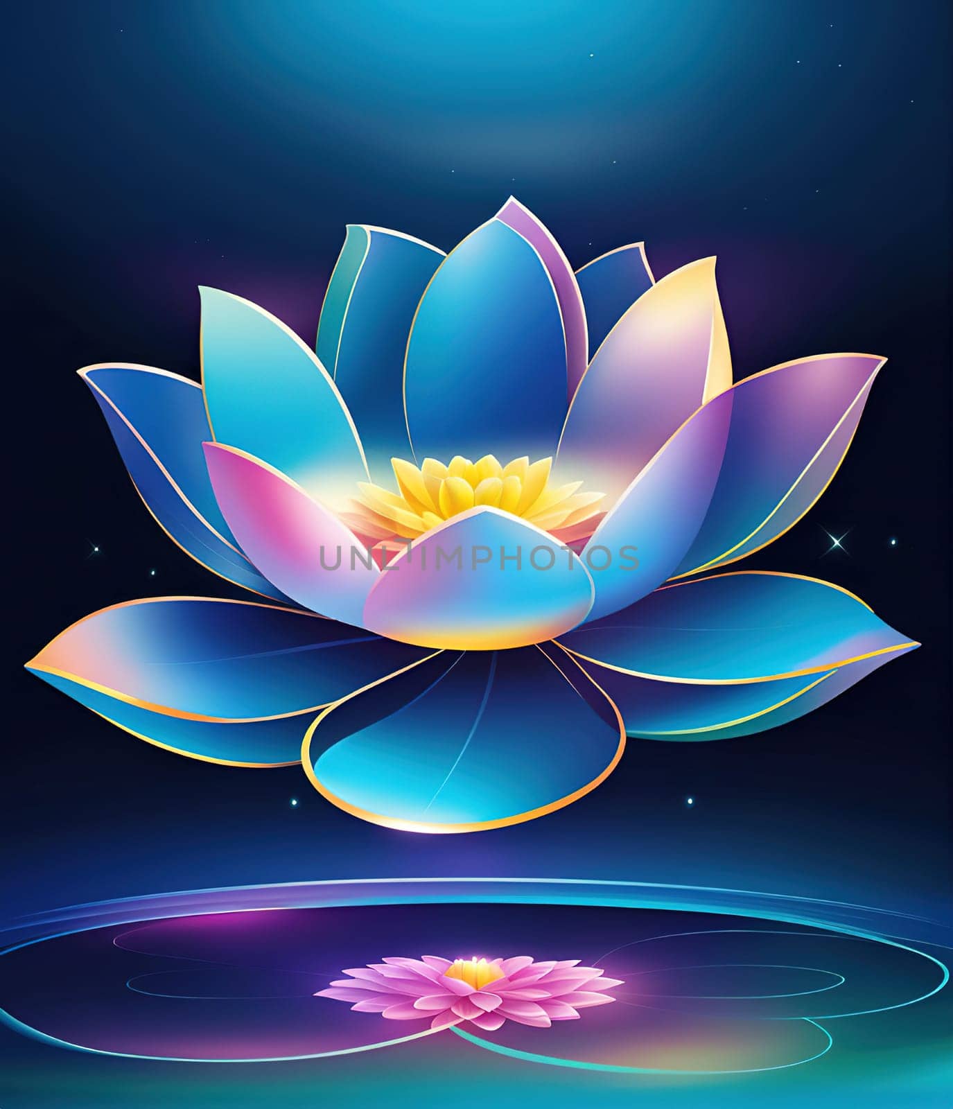 Beautiful lotus flower on dark blue background. Vector illustration.Beautiful blue lotus flower on the background of the night sky