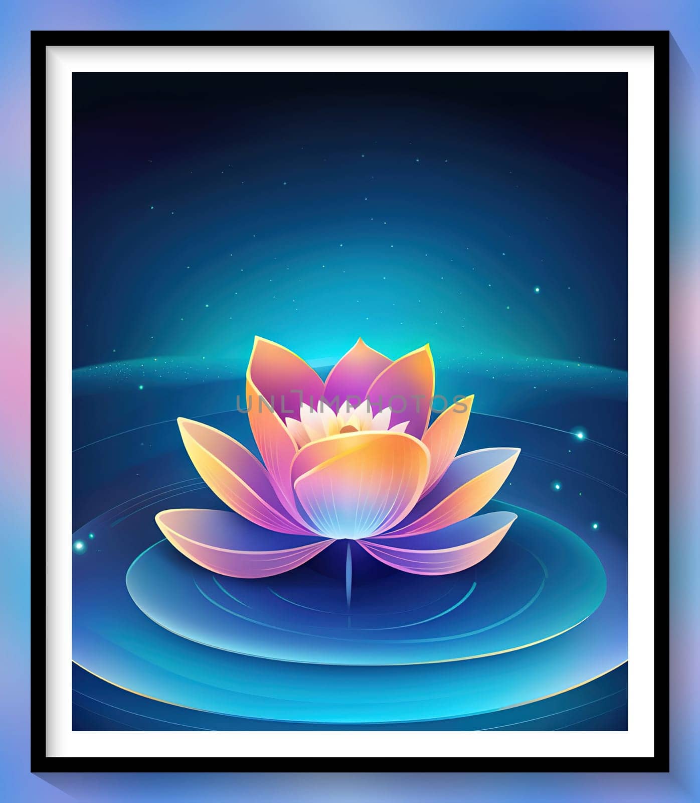 Beautiful lotus flower on dark blue background. Vector illustration.Beautiful blue lotus flower on the background of the night sky