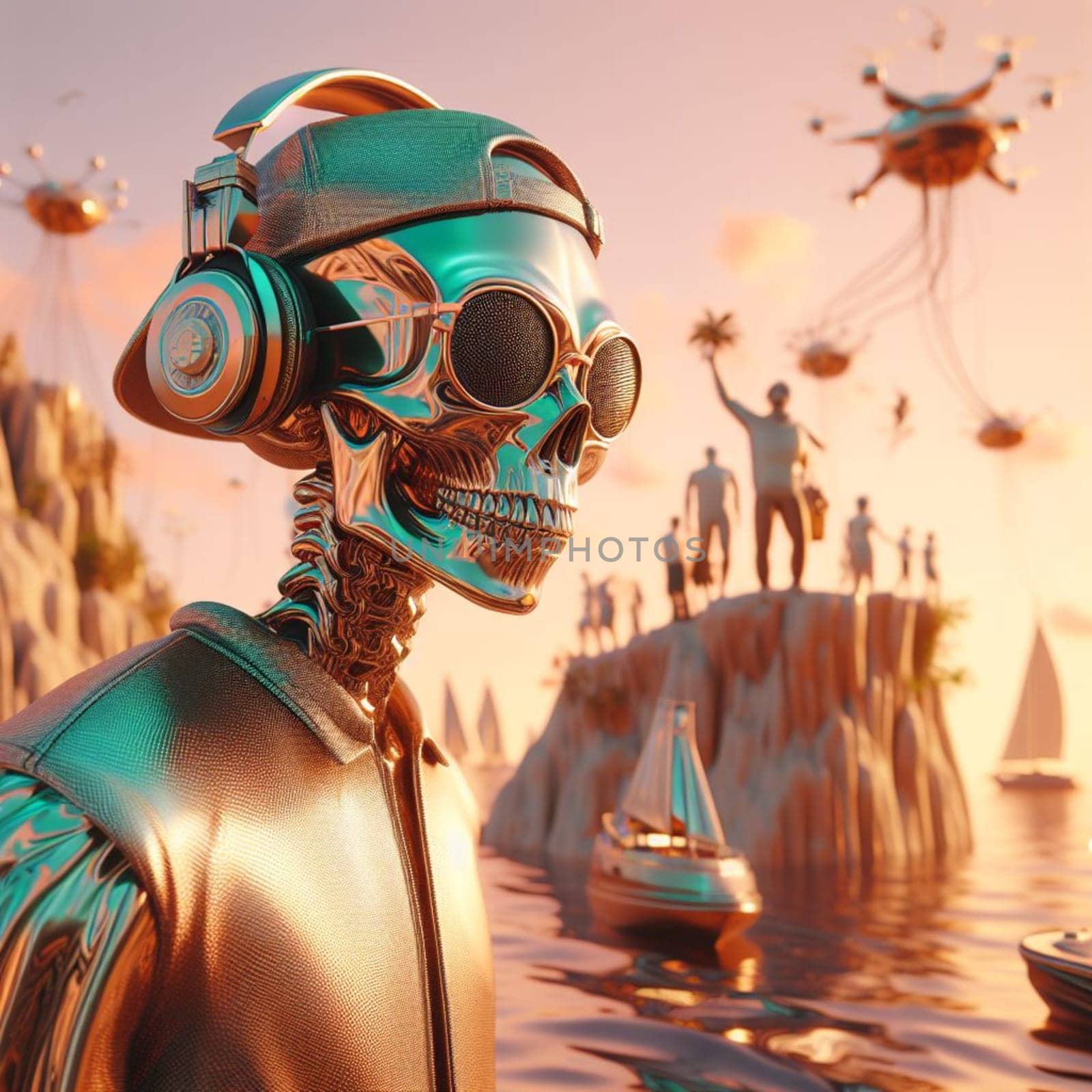 metallic alien dj with human skull, wearing glasses earphone dj of beach party in tropical island generative ai art