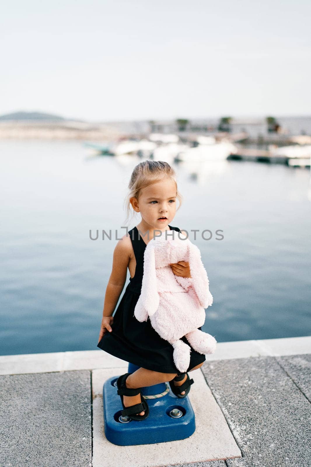 Little girl with a plush hare sits on a bollard on a pier by the sea by Nadtochiy