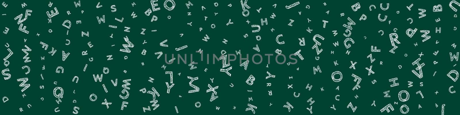 Falling letters of English language. Chalk handdrawn flying words of Latin alphabet. Foreign languages study concept. Alive back to school banner on blackboard background.