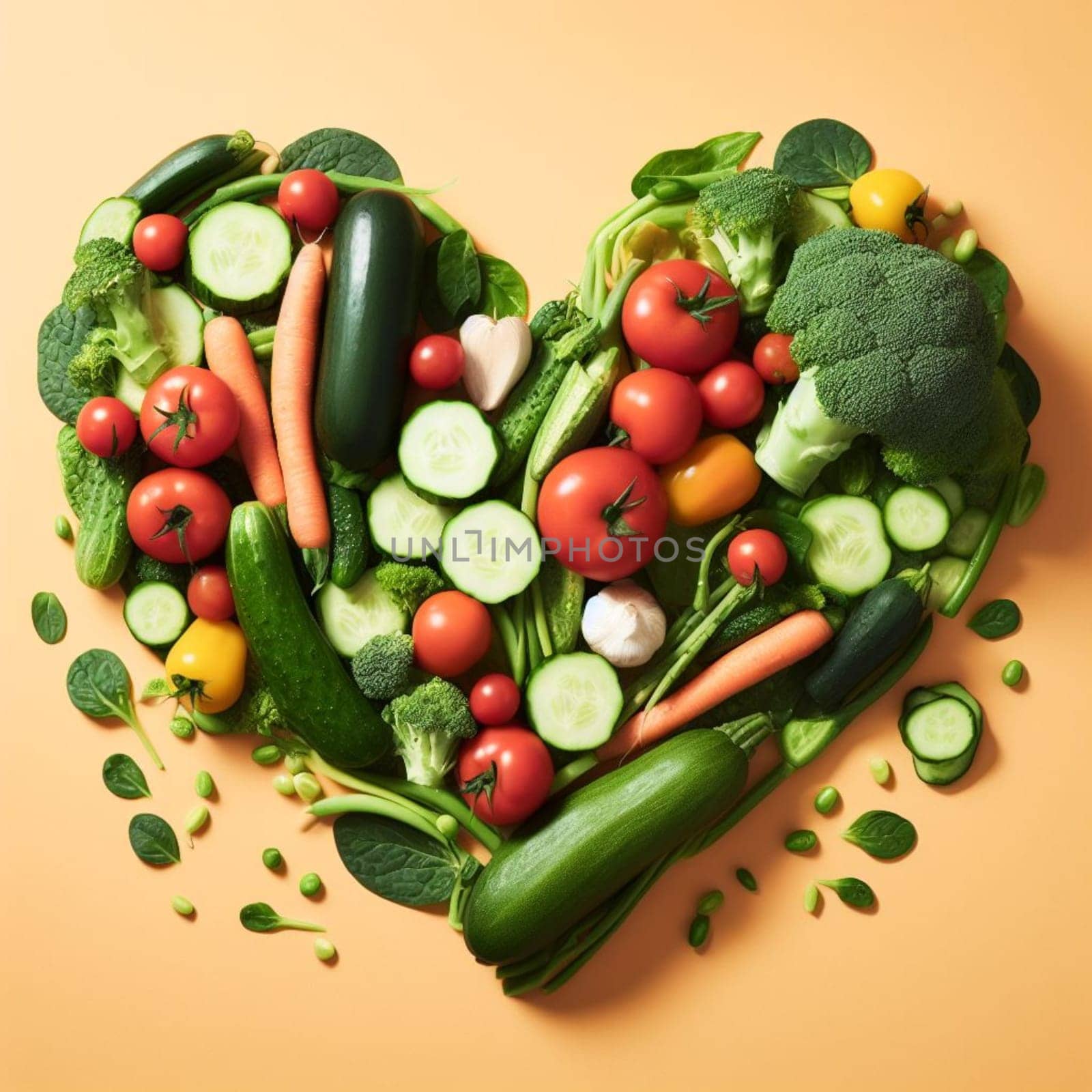 heart shaped group of fall winter veggies collage including peperoni, carrot, broccoli, zucchini and other greens generative ai art