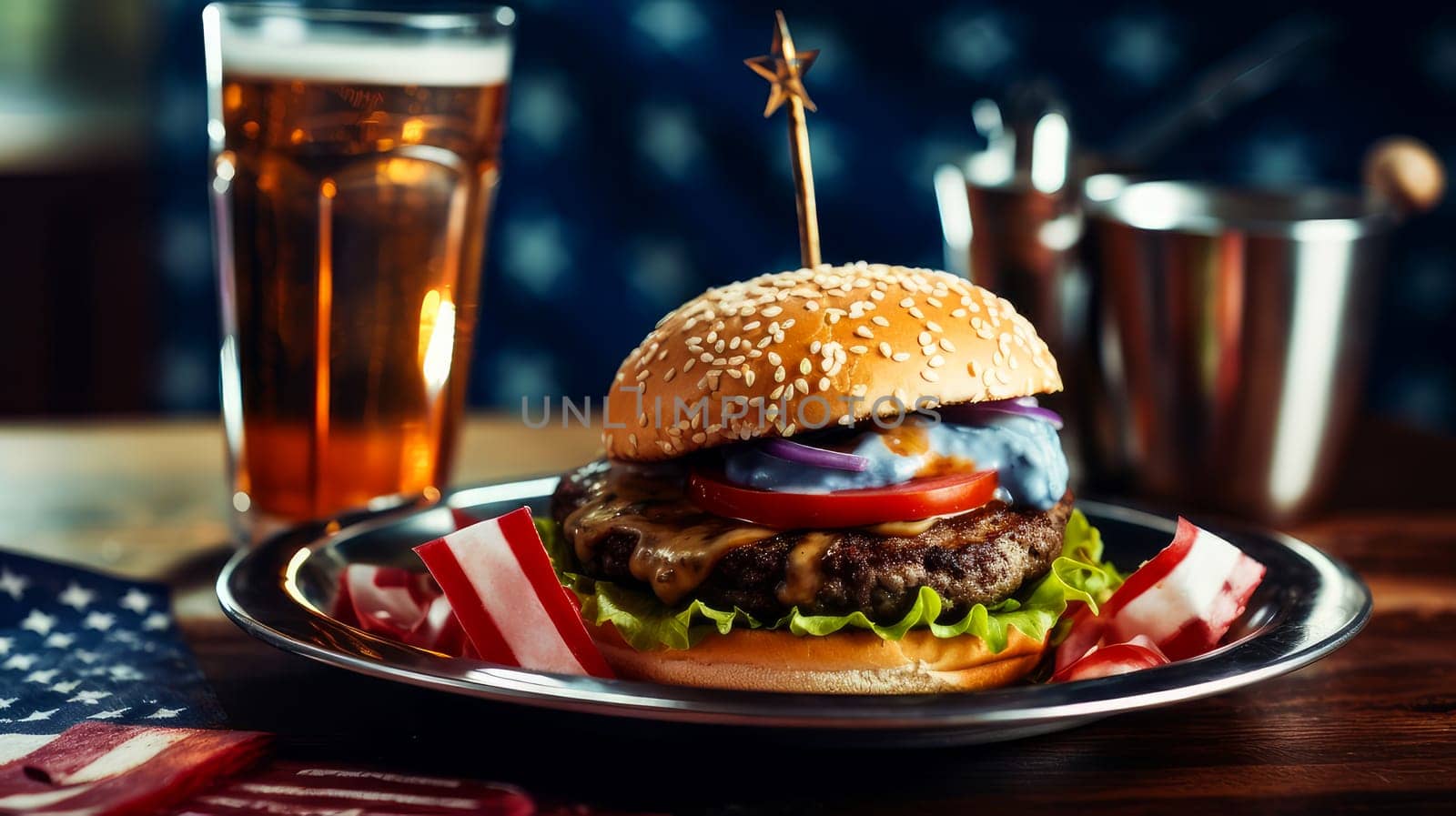 A large, delicious burger on a plate, fries and a drink in a patriotic cafe, against the backdrop American flag. American President's Day, USA Independence Day, American flag colors background, February holiday, stars and stripes, red and blue 4 July