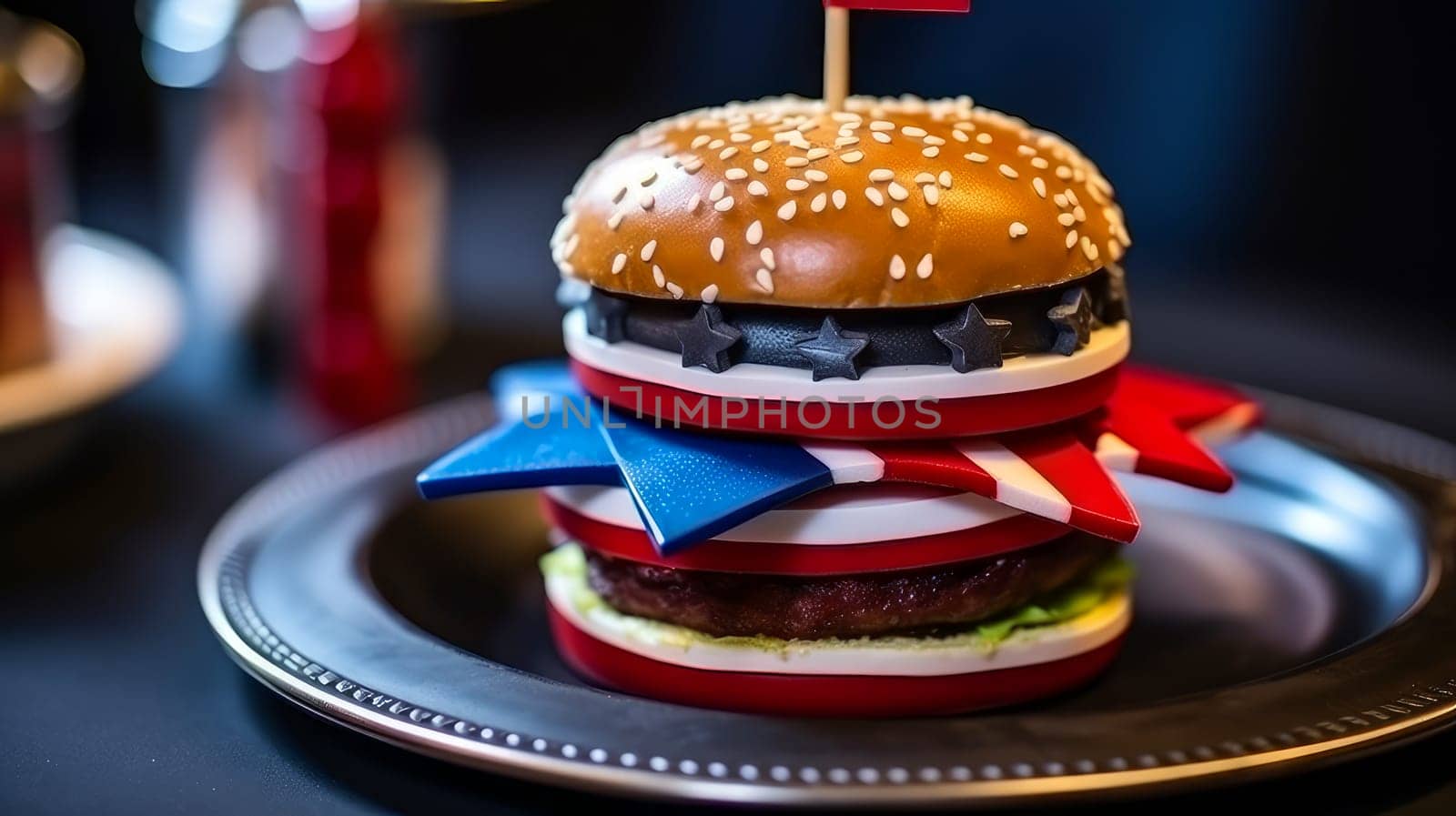A big, tasty burger on a plate in a patriotic cafe, with an American flag in the background, not healthy food. by Alla_Yurtayeva