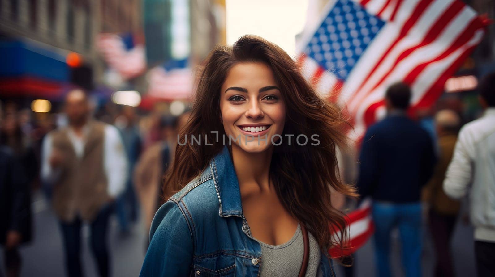 Happy, smiling woman with an American flag in city on Independence Day holidays of the United States of America. American President's Day, USA Independence Day, American flag colors background, 4 July, February holiday, stars and stripes red and blue