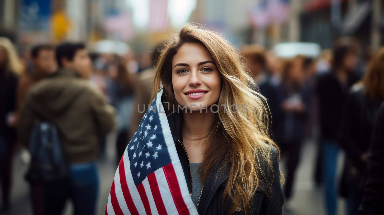 Happy, smiling woman with an American flag in city on Independence Day holidays of the United States of America. American President's Day, USA Independence Day, American flag colors background, 4 July, February holiday, stars and stripes red and blue