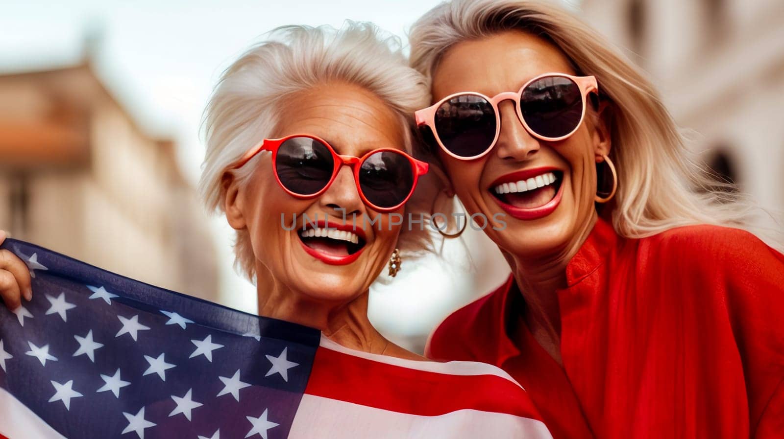 Happy two elderly pensioner women with an American flag on Independence Day holidays United States of America. American President's Day, USA Independence Day, American flag colors background, 4 July, February holiday, stars and stripes, red and blue