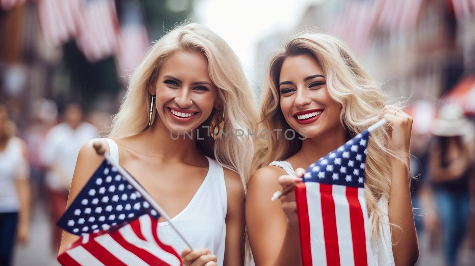 Happy two women with an American flag in the city on the Independence Day holidays of the United States of America. by Alla_Yurtayeva