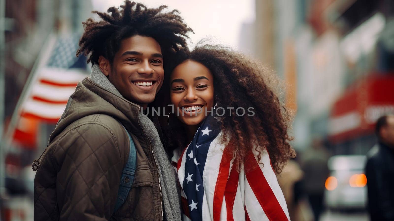 Happy two afro woman and man with American flag on the Independence Day holidays of the United States of America. by Alla_Yurtayeva