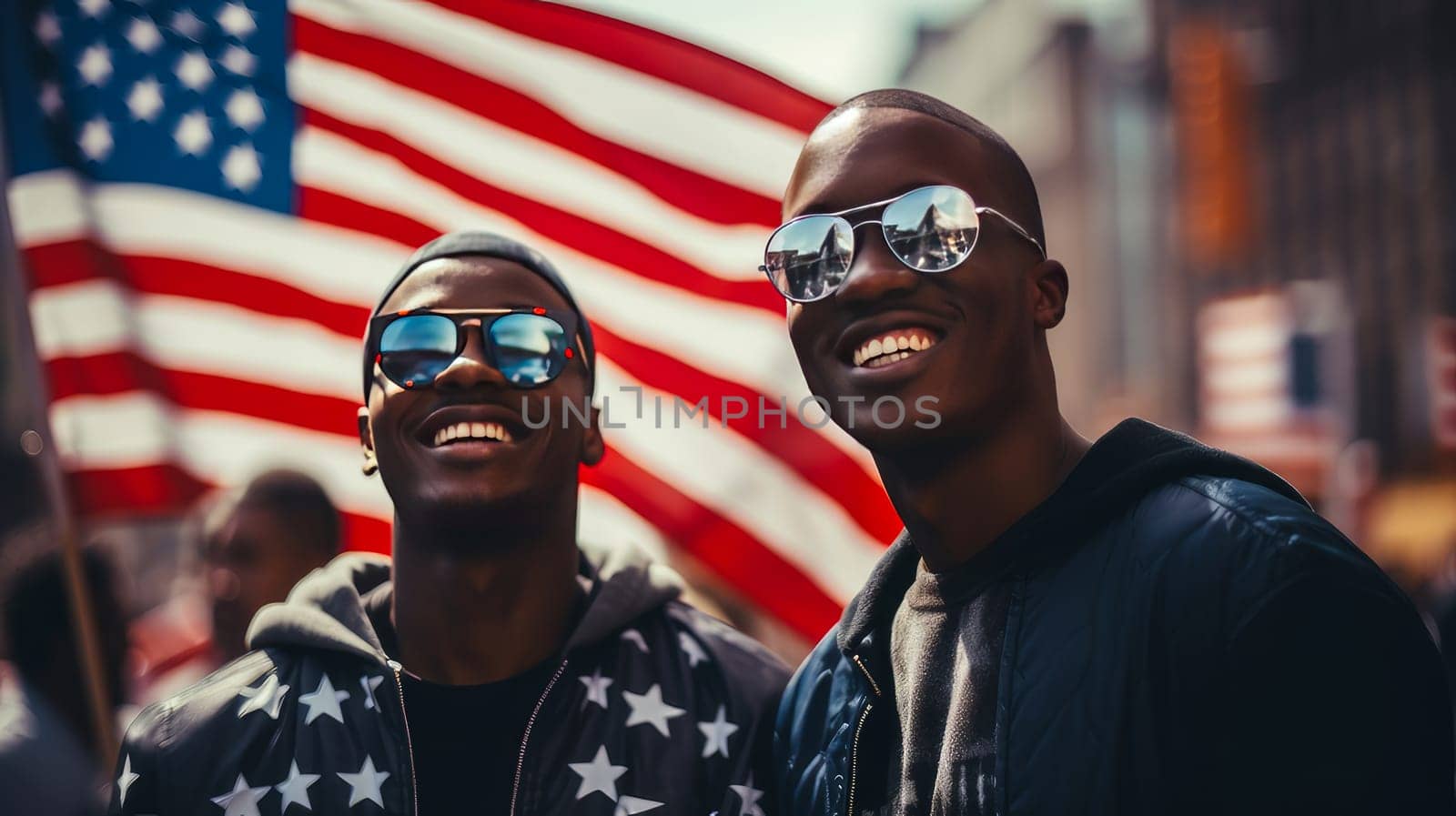 Happy smiling two afro men with American flag on the Independence Day holidays of the United States of America. American President's Day, USA Independence Day, American flag colors background, 4 July, February holiday, stars and stripes, red and blue
