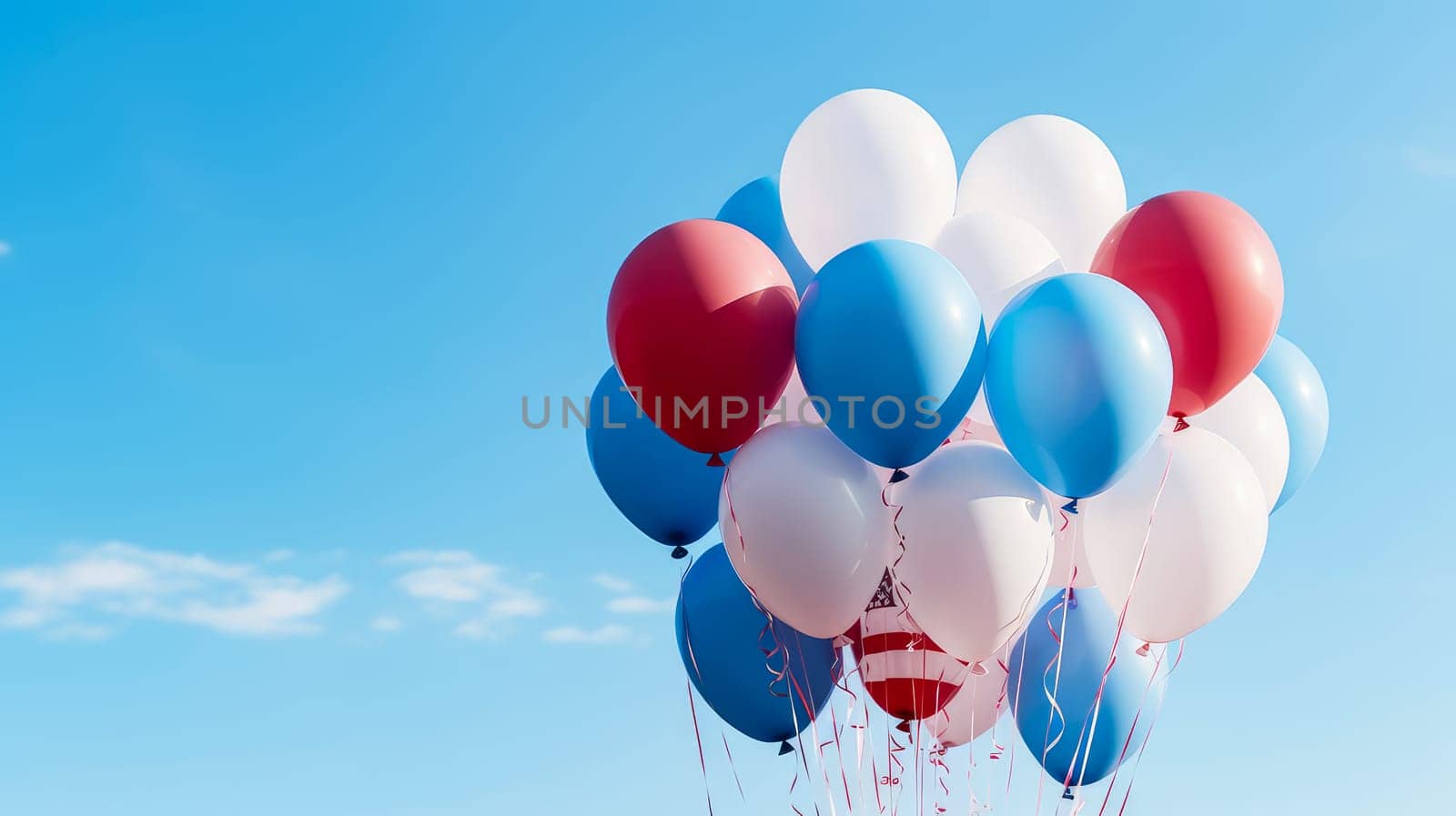 Balloons in the colors of the United States of America flag float against the blue sky. American President's Day, USA Independence Day, American flag colors background, 4 July, February holiday, stars and stripes, red and blue