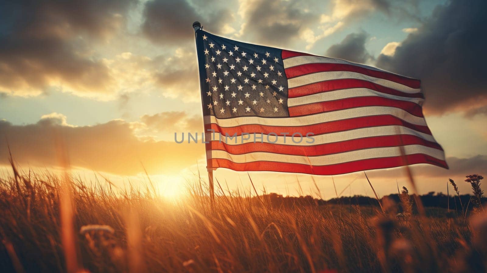 The flag of the United States America flutters in nature among flowers against the backdrop of the setting sun. American President's Day, USA Independence Day, American flag colors background, 4 July, February holiday, stars and stripes, red and blue