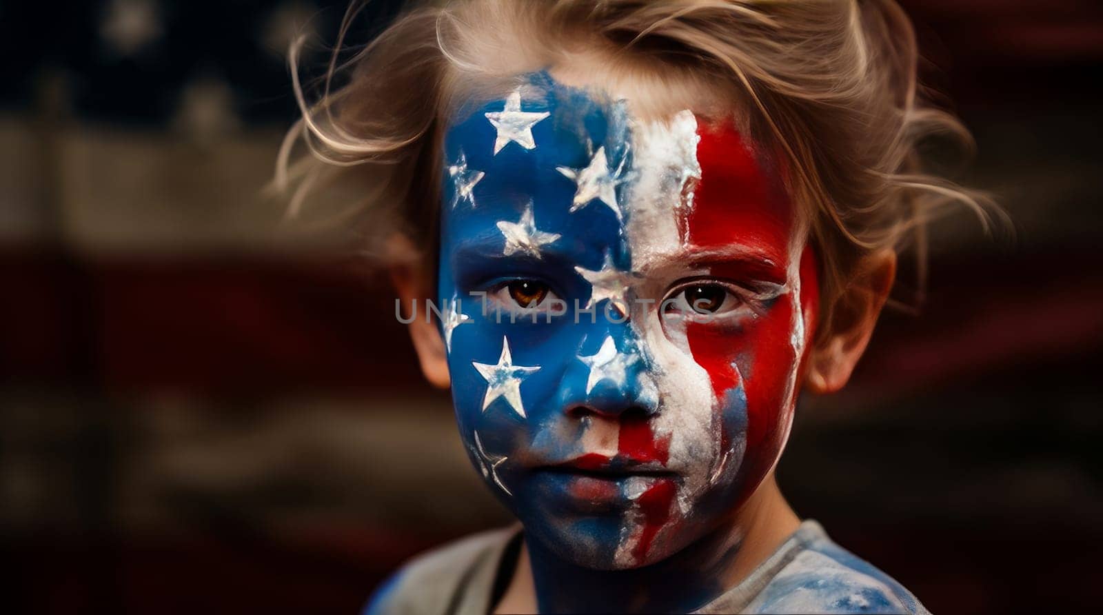 Boy with a painted American flag on his face by Alla_Yurtayeva