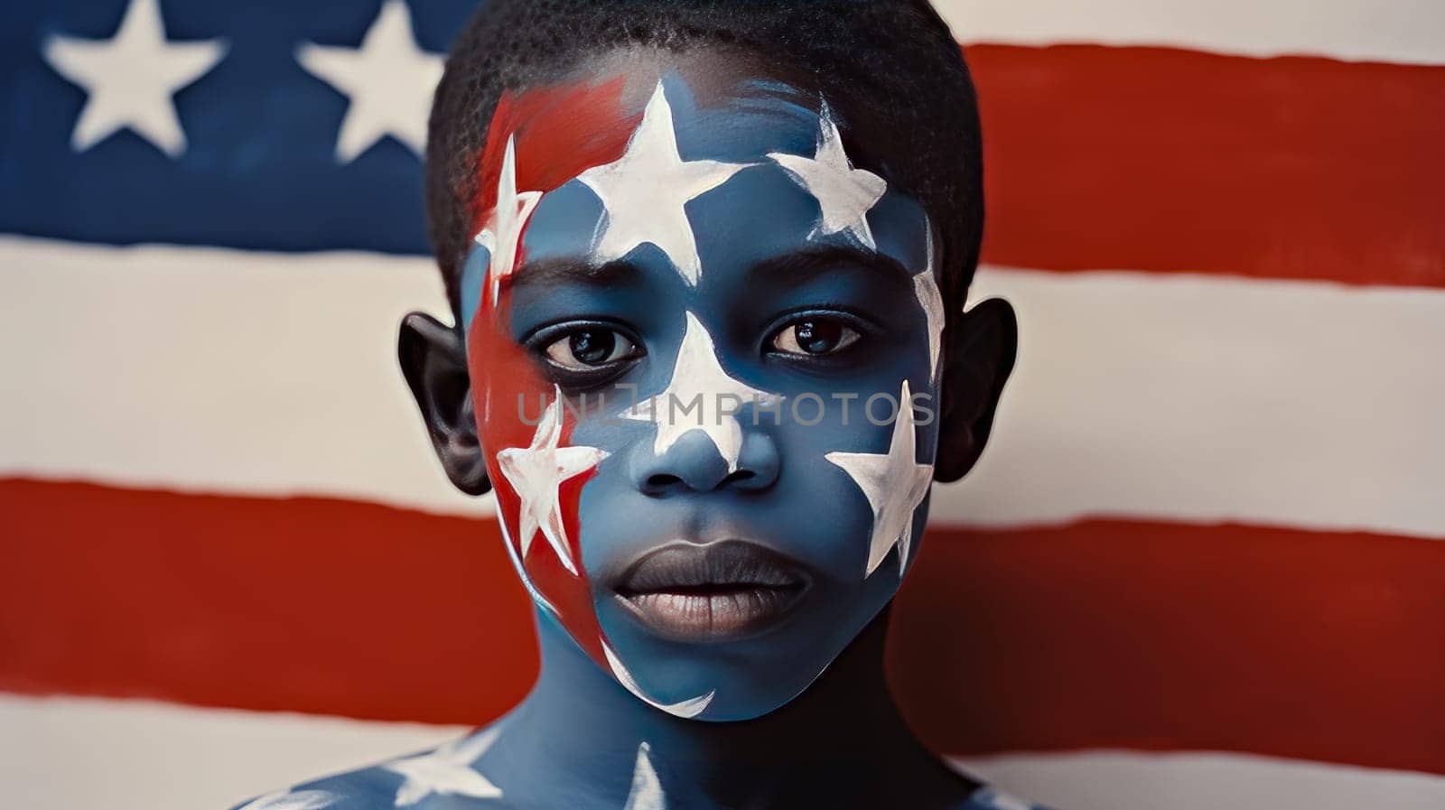 Afro is a dark-skinned, serious, responsible boy with his face painted in the color of the flag of the United States of America. by Alla_Yurtayeva