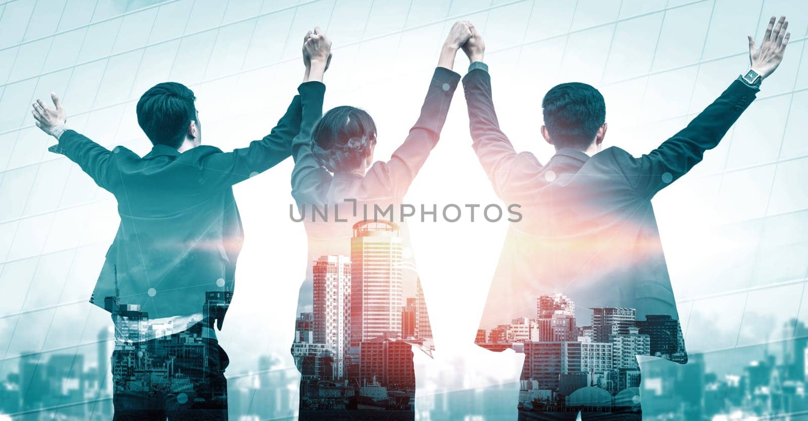 Double exposure image of many business people conference group meeting on city office building in background showing partnership success of business deal. Concept of teamwork, trust and agreement. uds