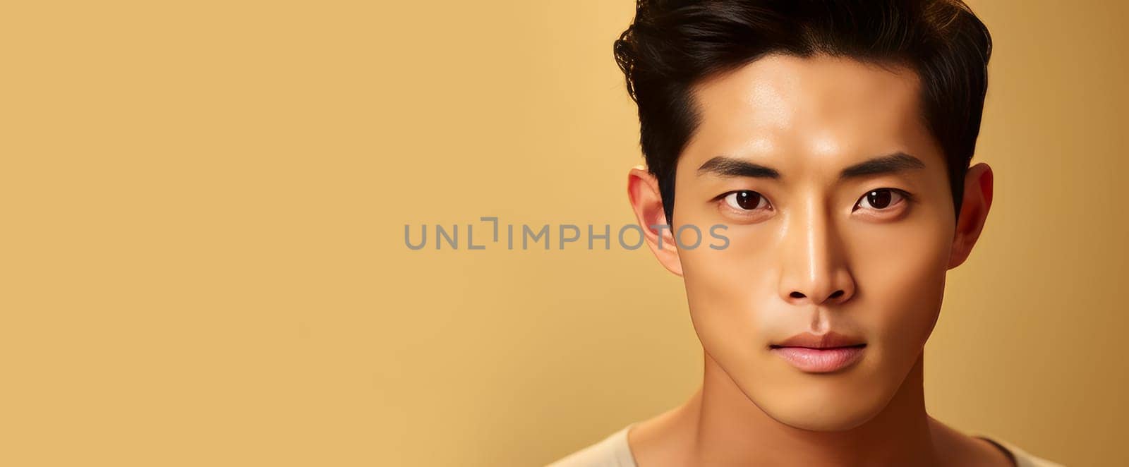 Elegant handsome young male guy Asian, on creamy beige background, banner, copy space, portrait. Advertising of cosmetic products, spa treatments, shampoos and hair care products, dentistry and medicine, perfumes and cosmetology for men
