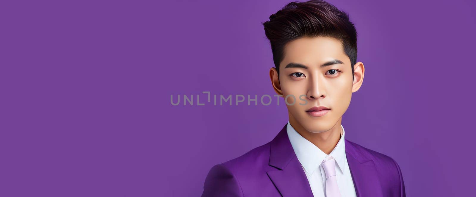 Elegant handsome young male guy Asian, on purple background, banner, copy space, portrait. Advertising of cosmetic products, spa treatments, shampoos and hair care products, dentistry and medicine, perfumes and cosmetology for men