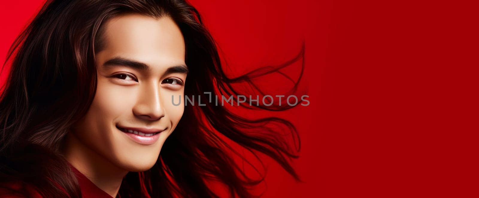 Elegant handsome smiling young Asian man with long hair, on red background, banner, copy space, portrait. Advertising of cosmetic products, spa treatments, shampoos and hair care products, dentistry and medicine, perfumes and cosmetology for men