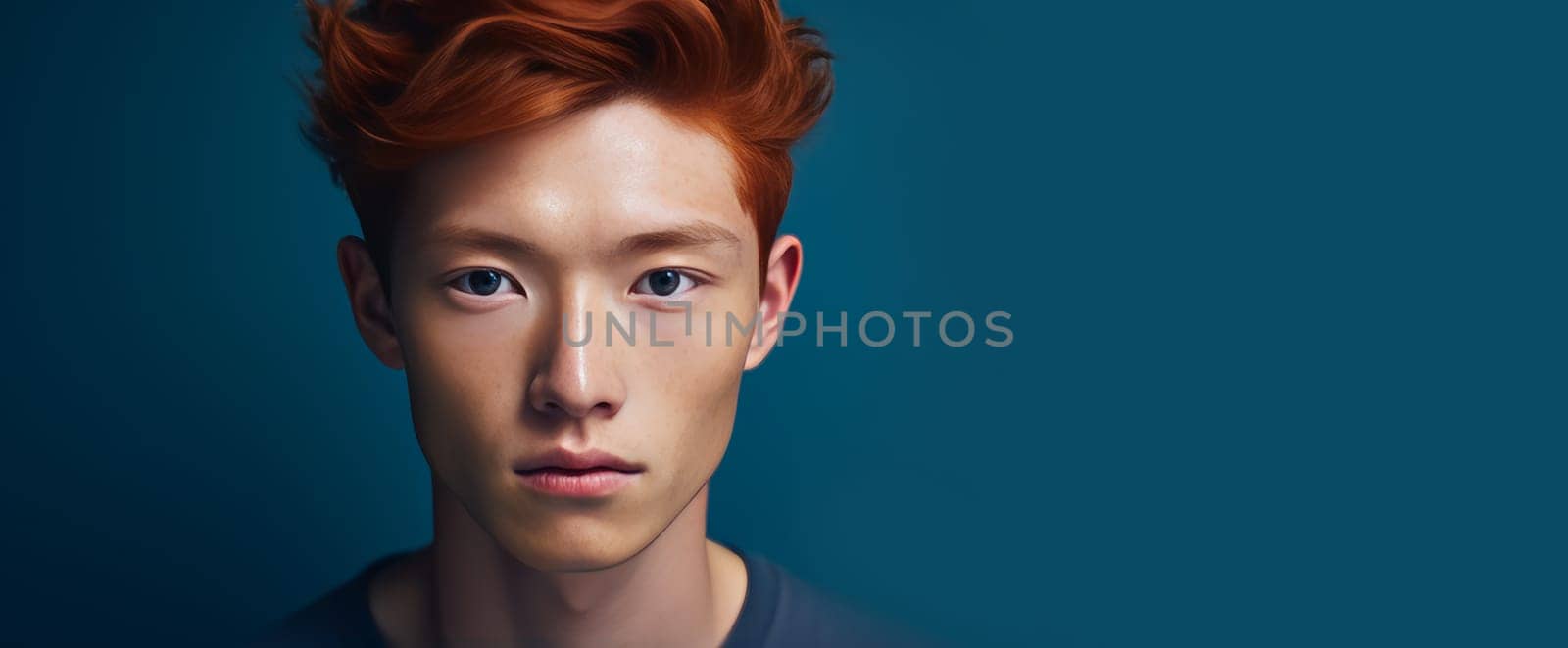 Elegant handsome young male Asian guy with short red hair, on dark blue background, banner, copy space, portrait. Advertising of cosmetic products, spa treatments, shampoos and hair care products, dentistry and medicine, perfumes and cosmetology men