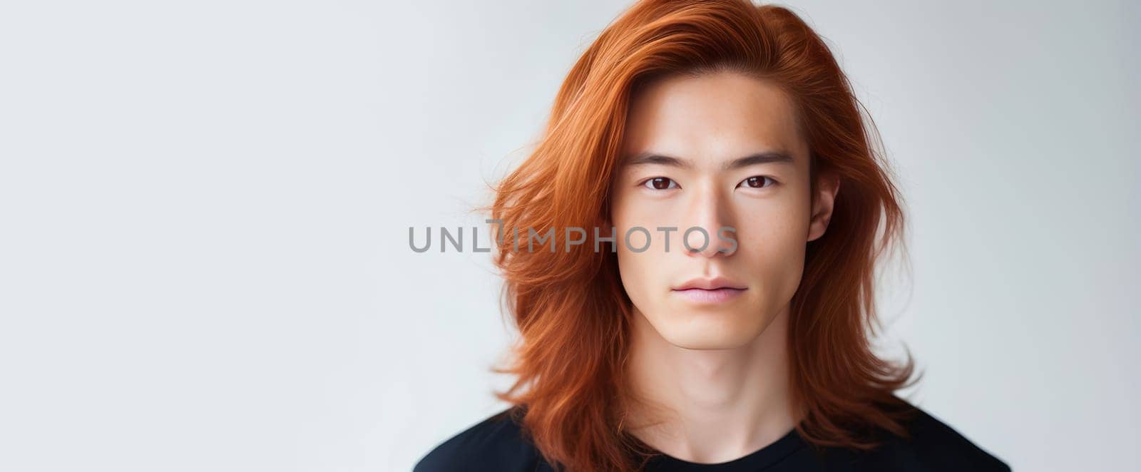 Handsome young male guy smile Asian with long red hair, on white background, banner, copy space, portrait. Advertising of cosmetic products, spa treatments, shampoos and hair care products, dentistry and medicine, perfumes and cosmetology for men