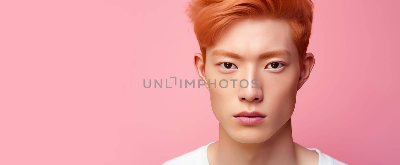 Elegant handsome young male Asian guy with short red hair, on a pink background, banner, copy space, portrait. Advertising of cosmetic products, spa treatments, shampoos and hair care products, dentistry and medicine, perfumes and cosmetology for men