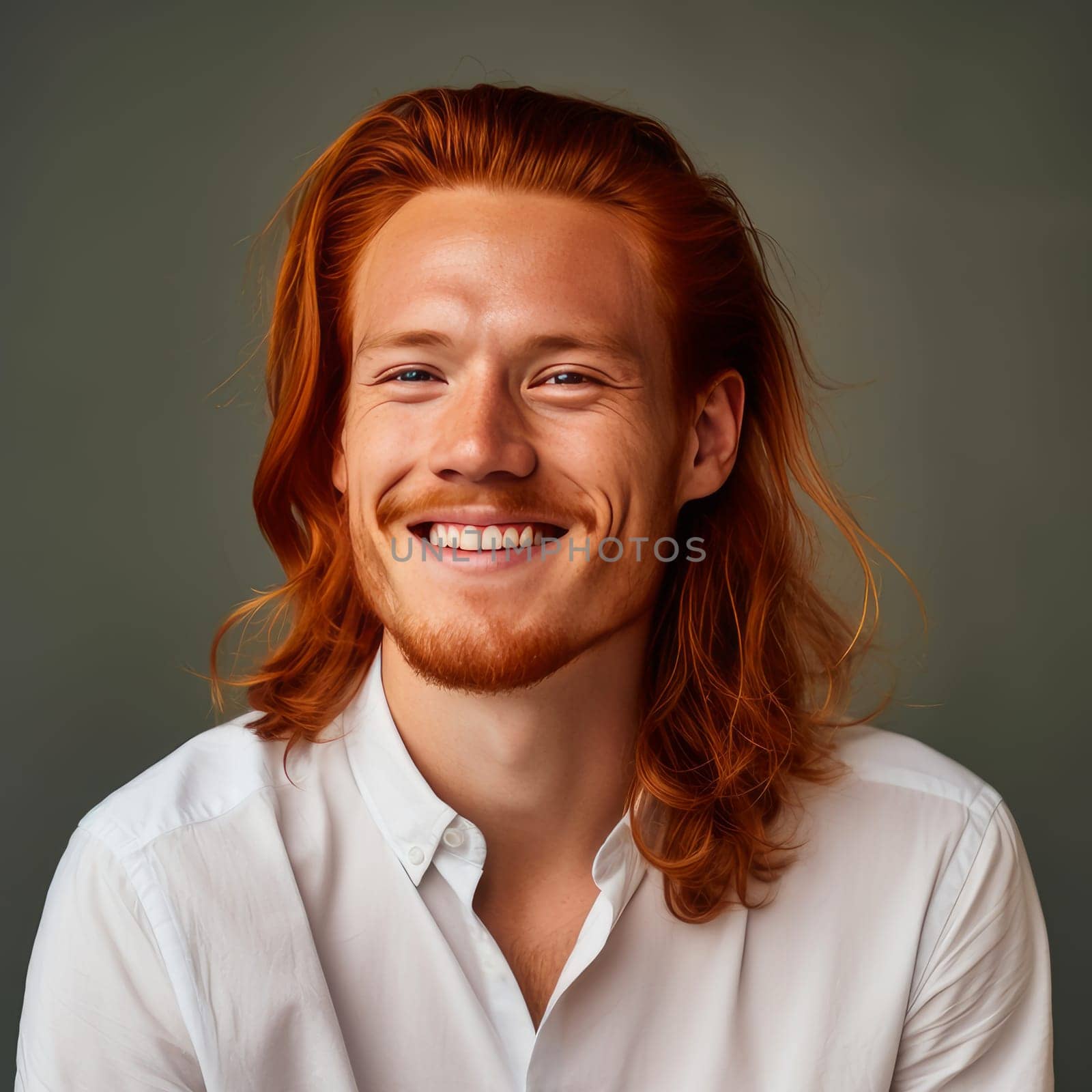 Handsome young male guy smile Asian with long red hair, on creamy beige background, banner, copy space, portrait. by Alla_Yurtayeva