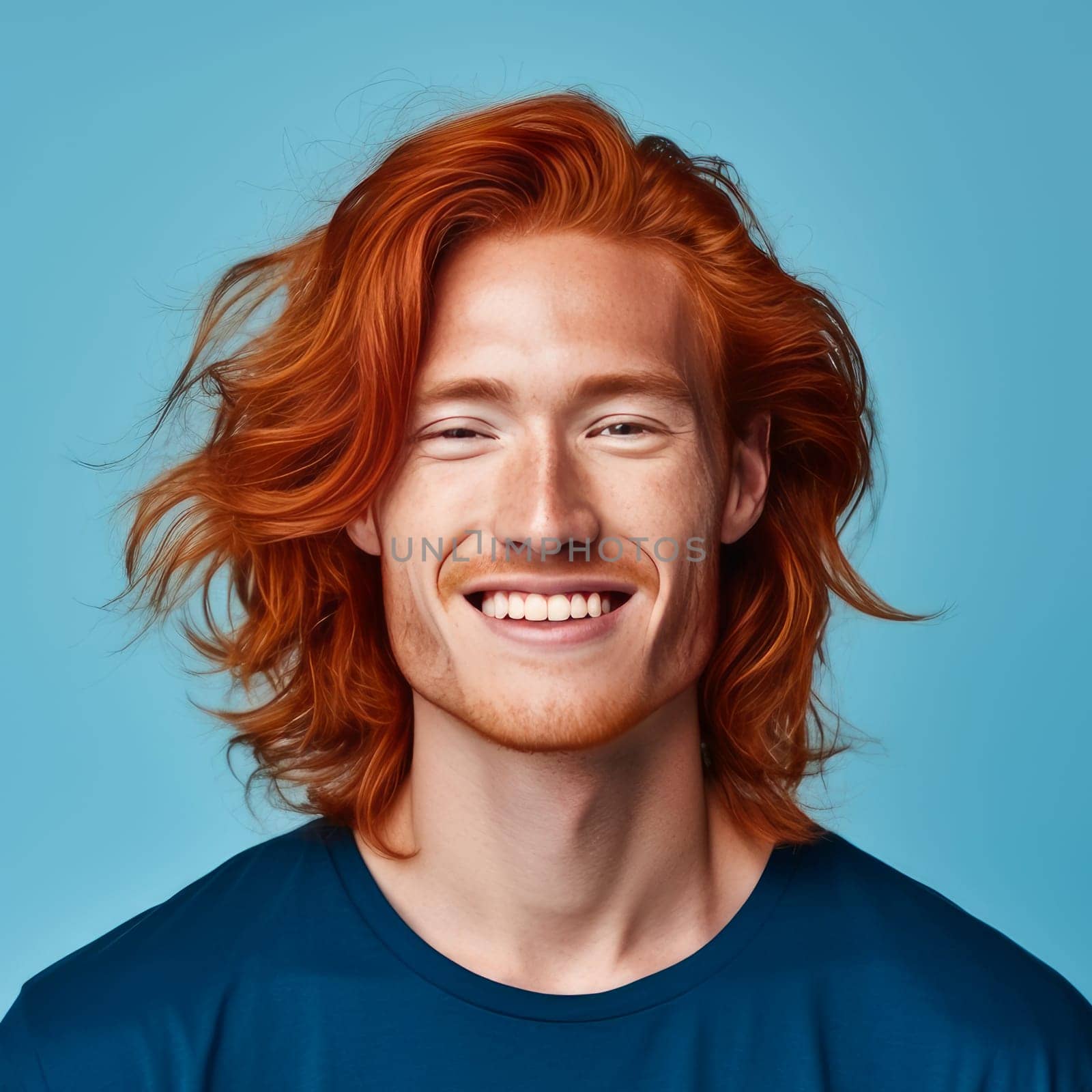 Handsome young male guy smile Asian with long red hair, on a light blue background, banner, copy space, portrait. by Alla_Yurtayeva