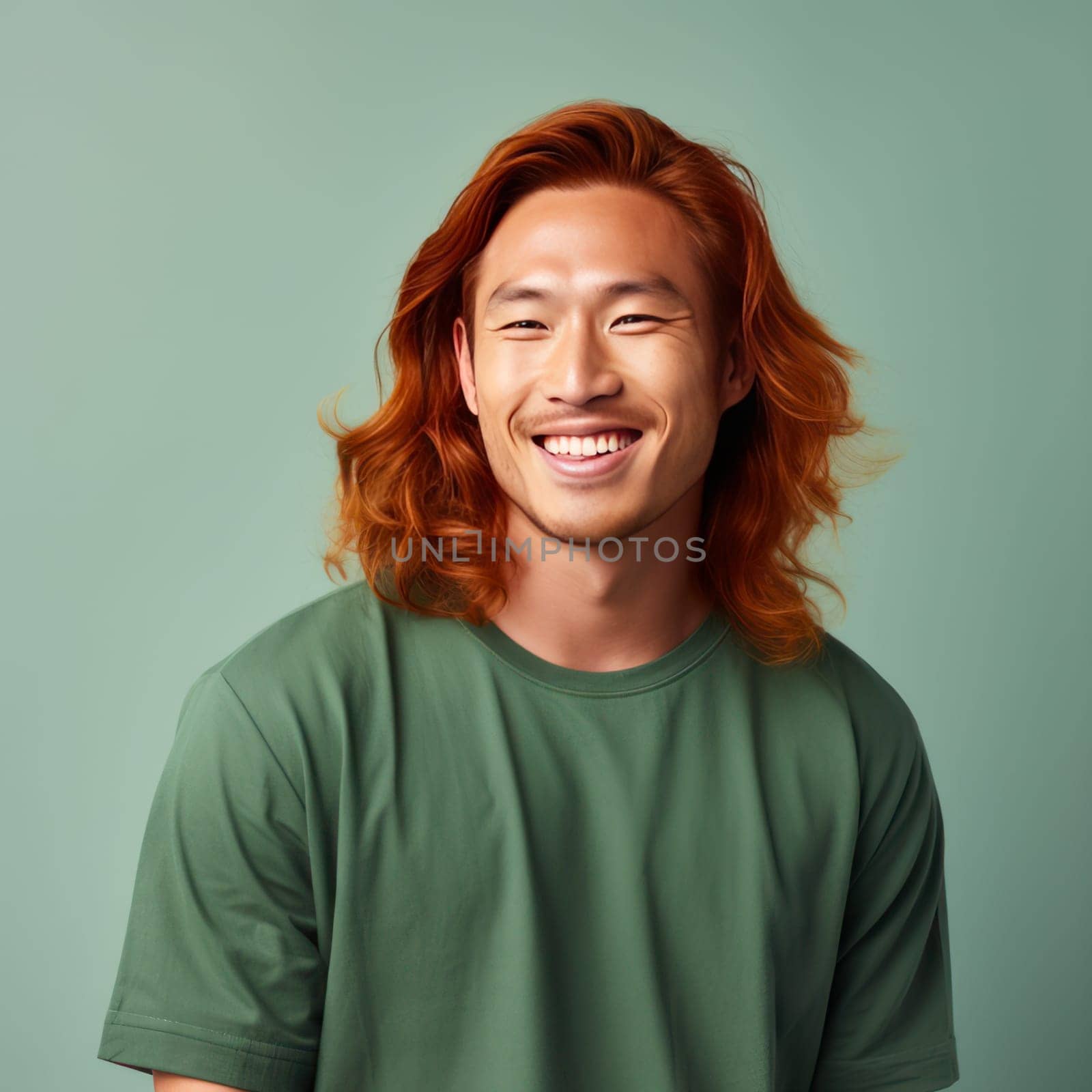 Handsome young man guy smile Asian with long red hair, on a light green background, banner, copy space, portrait. by Alla_Yurtayeva