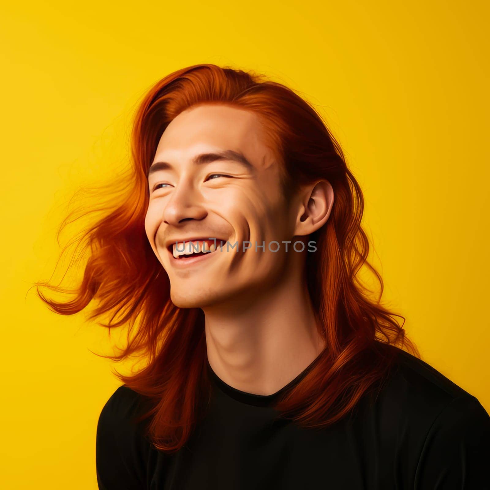 Handsome young male guy smile Asian with long red hair, on yellow orange background, banner, copy space, portrait. Advertising of cosmetic products, spa treatments, shampoos and hair care products, dentistry and medicine, perfumes and cosmetology men