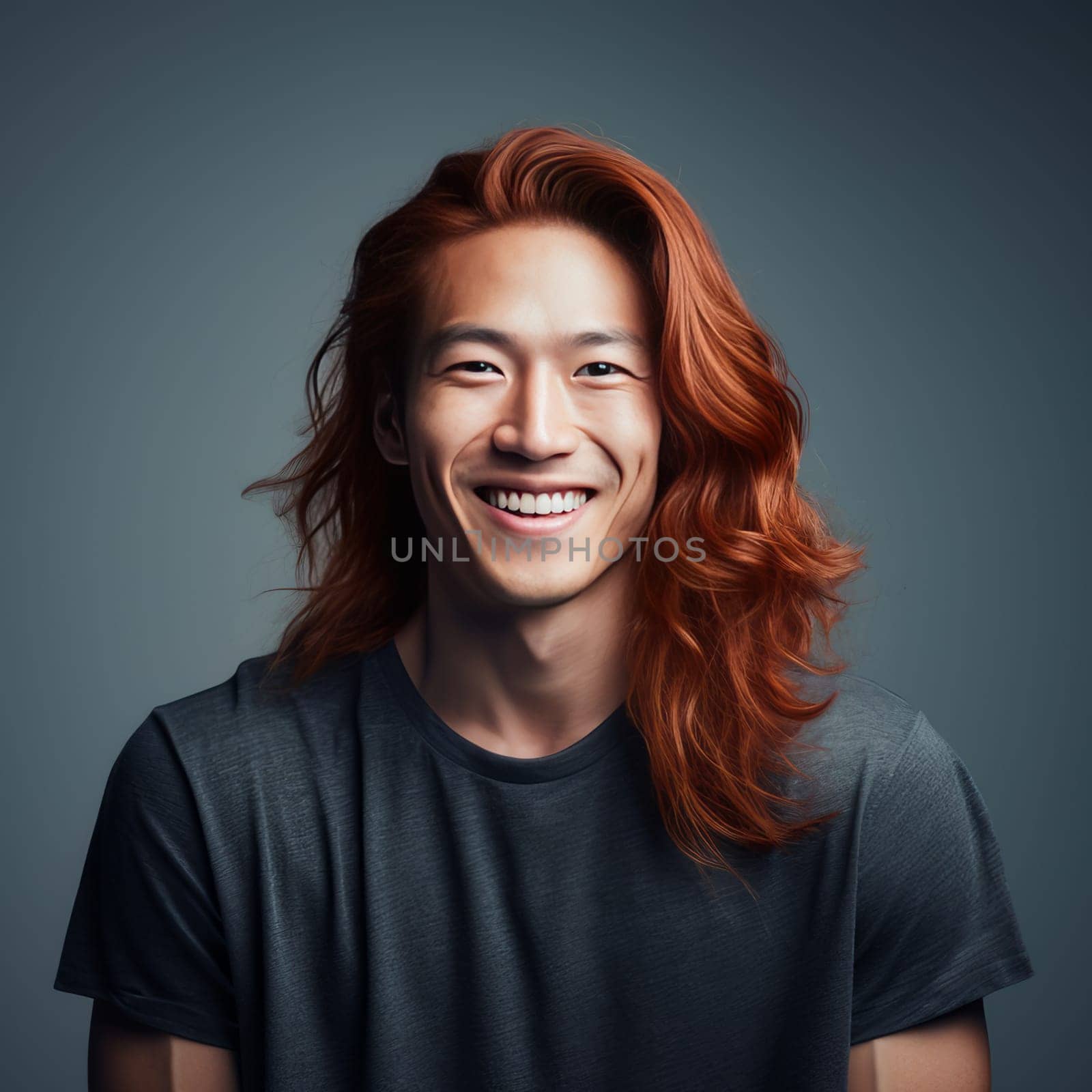 Handsome young male guy smile Asian with long red hair, on a silver background, banner, copy space, portrait. by Alla_Yurtayeva