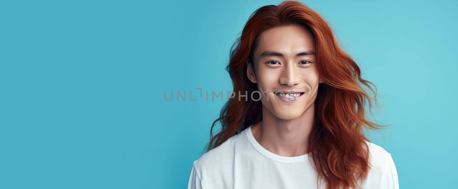 Handsome young male guy smile Asian with long red hair, on a light blue background, banner, copy space, portrait. by Alla_Yurtayeva