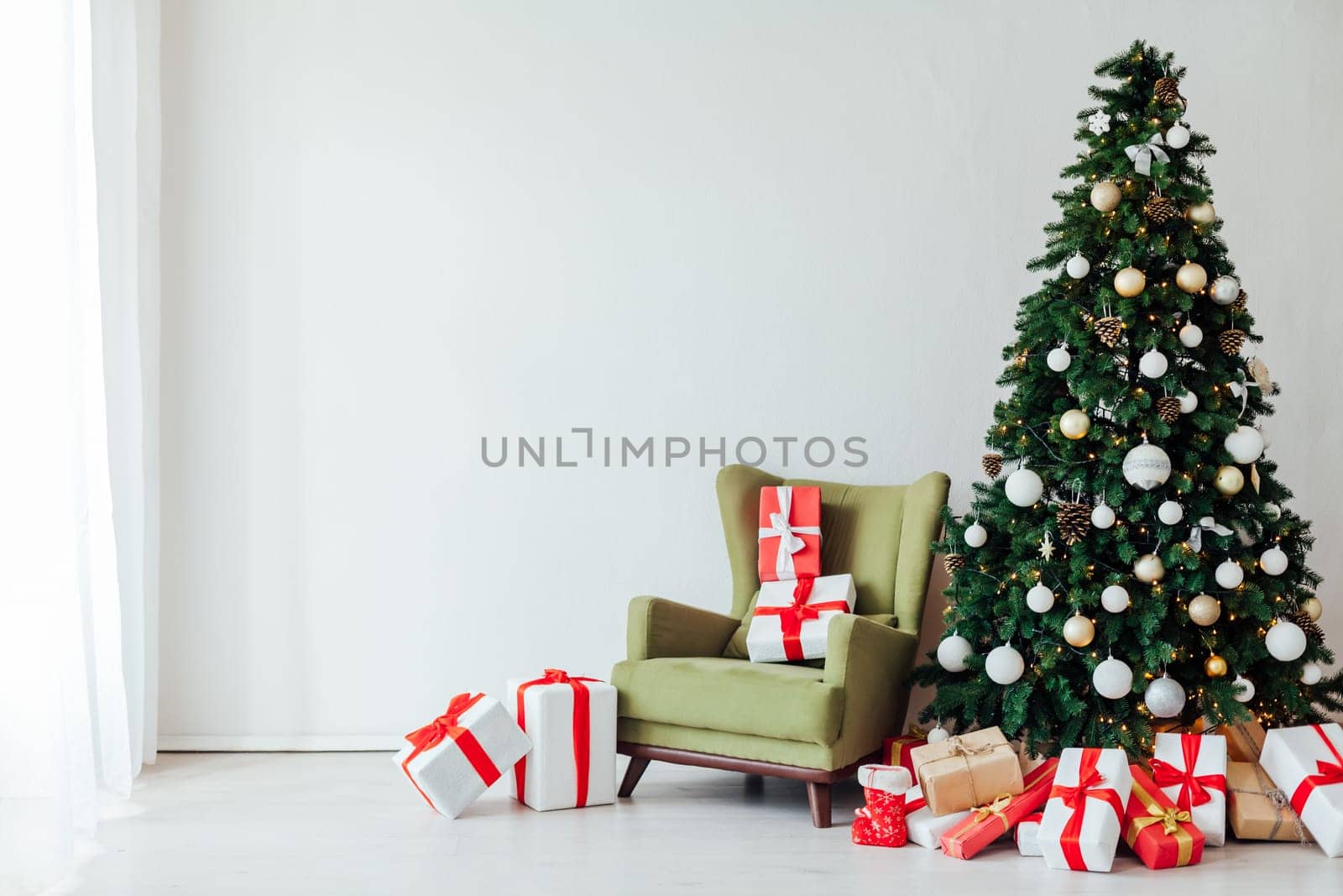 Christmas decor interior Christmas tree with gifts for the new year holiday postcard