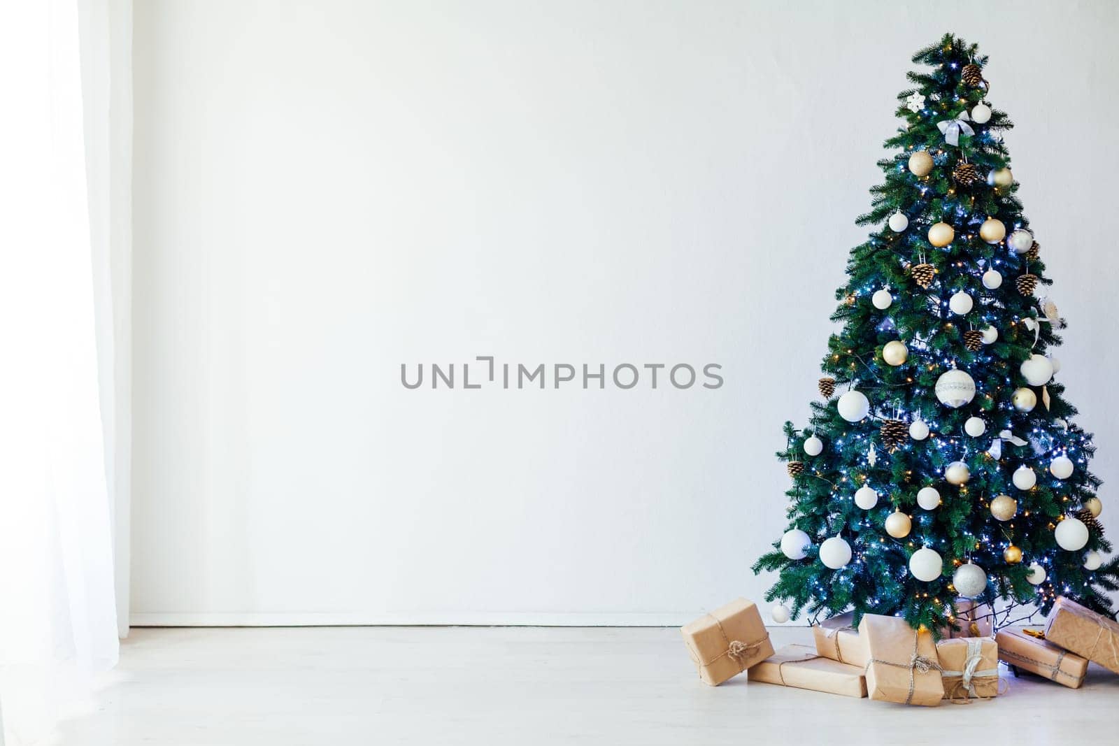Christmas decor interior Christmas tree with gifts for the new year holiday postcard