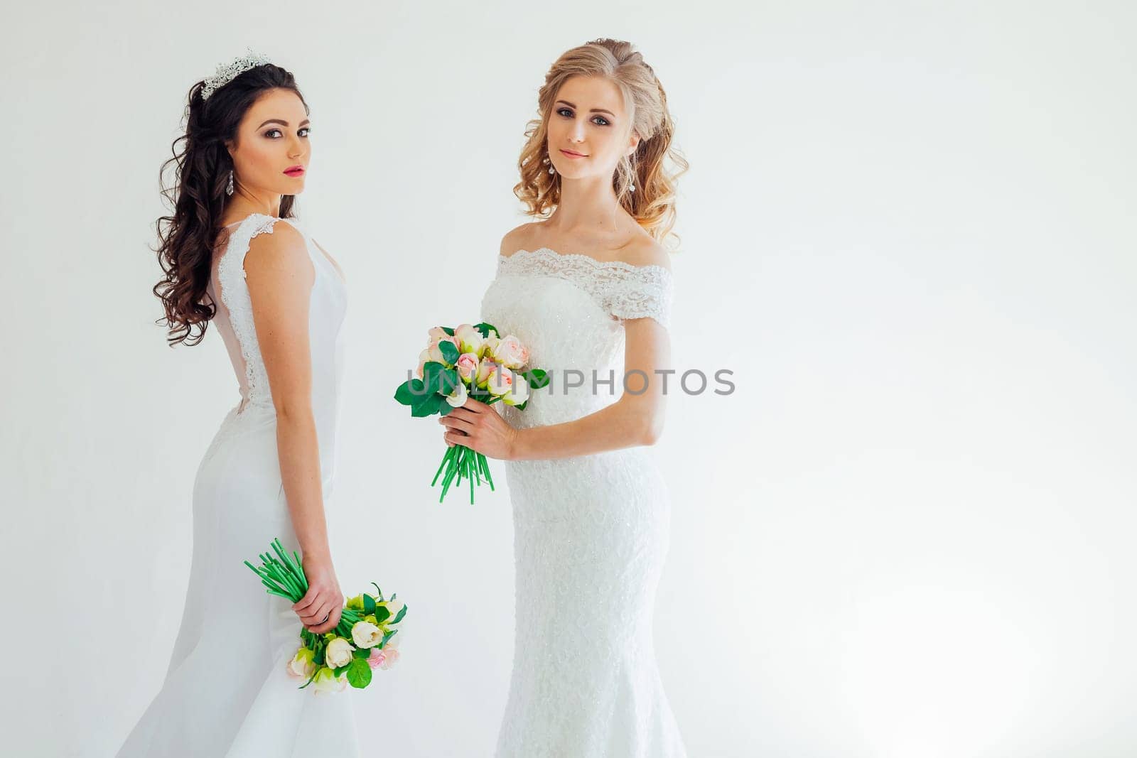 two wedding bride with bouquet wedding white by Simakov