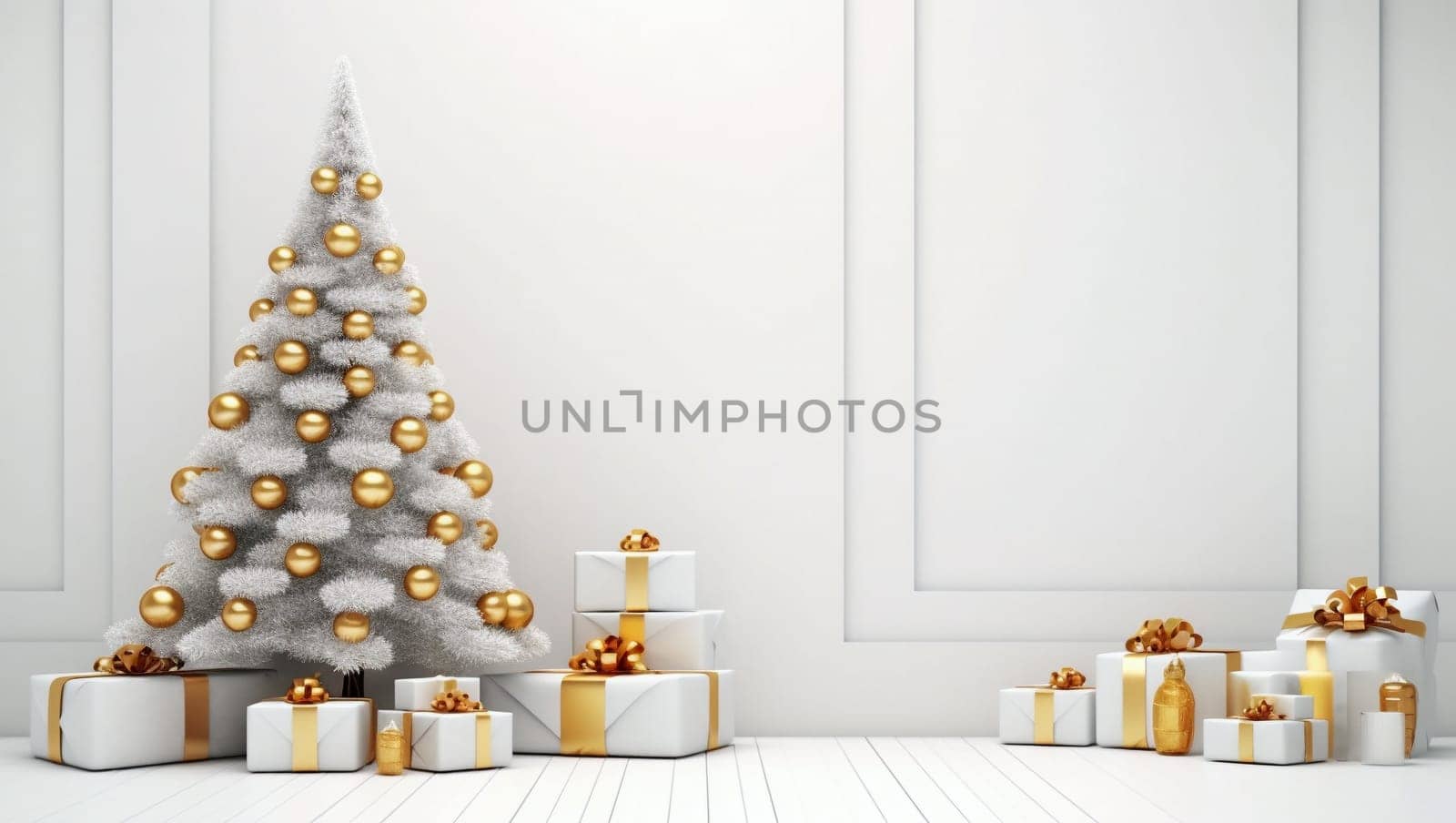 White Christmas tree with golden toys and gifts. Golden balls hang on a spruce tree. New Year's mood. High quality photo