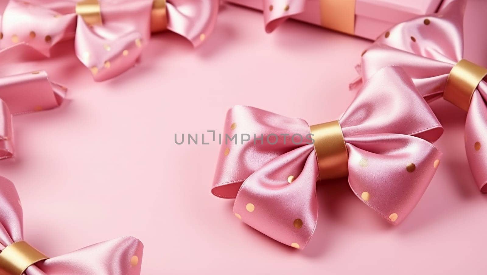 Gifts on pink background with gold ribbon. New Year's gifts or birthday gifts. by Sneznyj