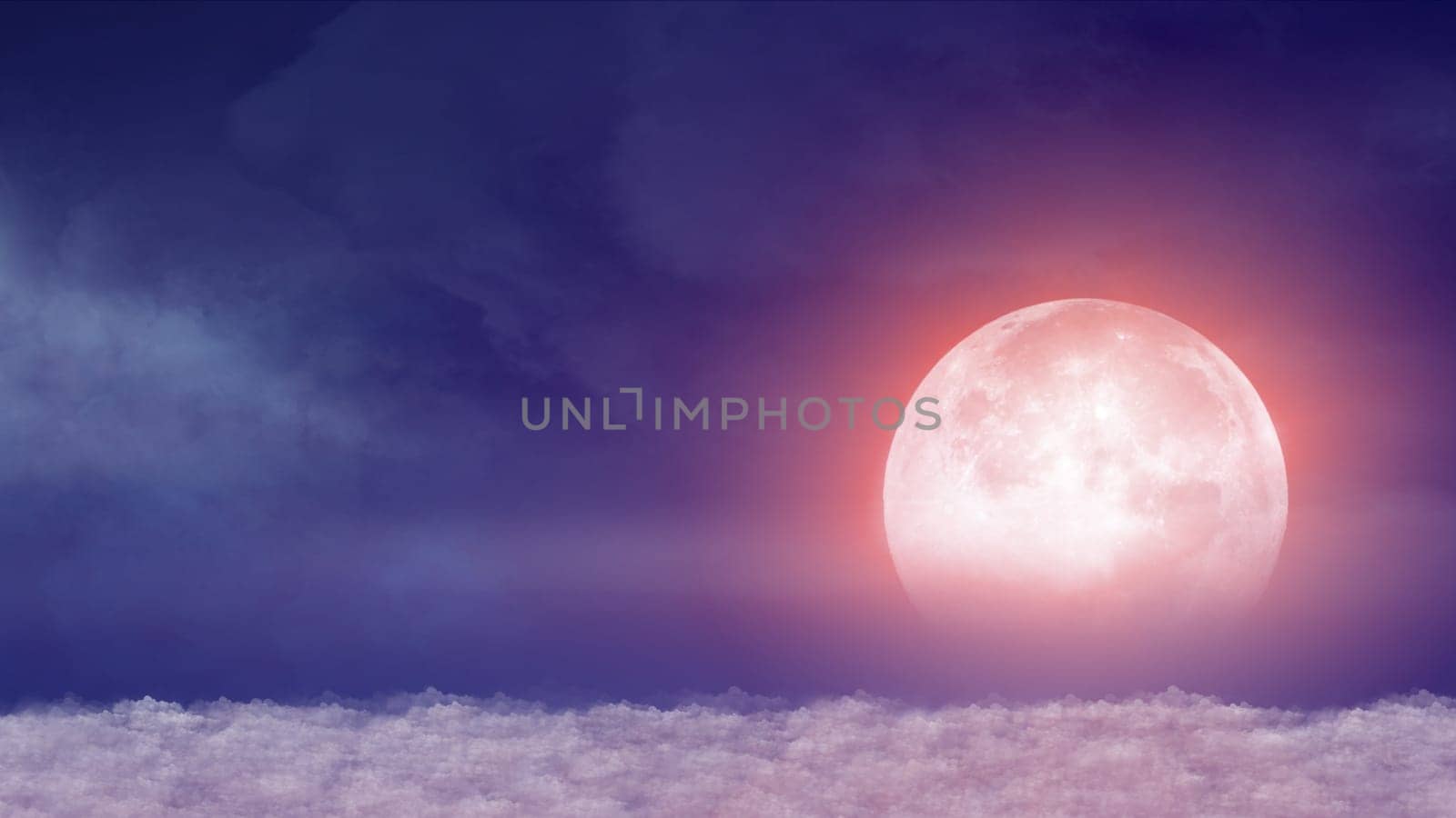 Beautiful realistic flight over cumulus lush clouds in the night moonlight illustration