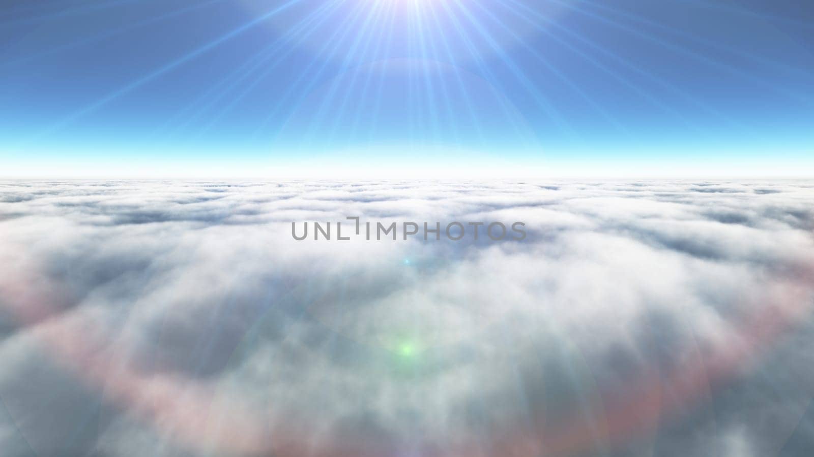 Above clouds sun ray, 3d rendering illustration