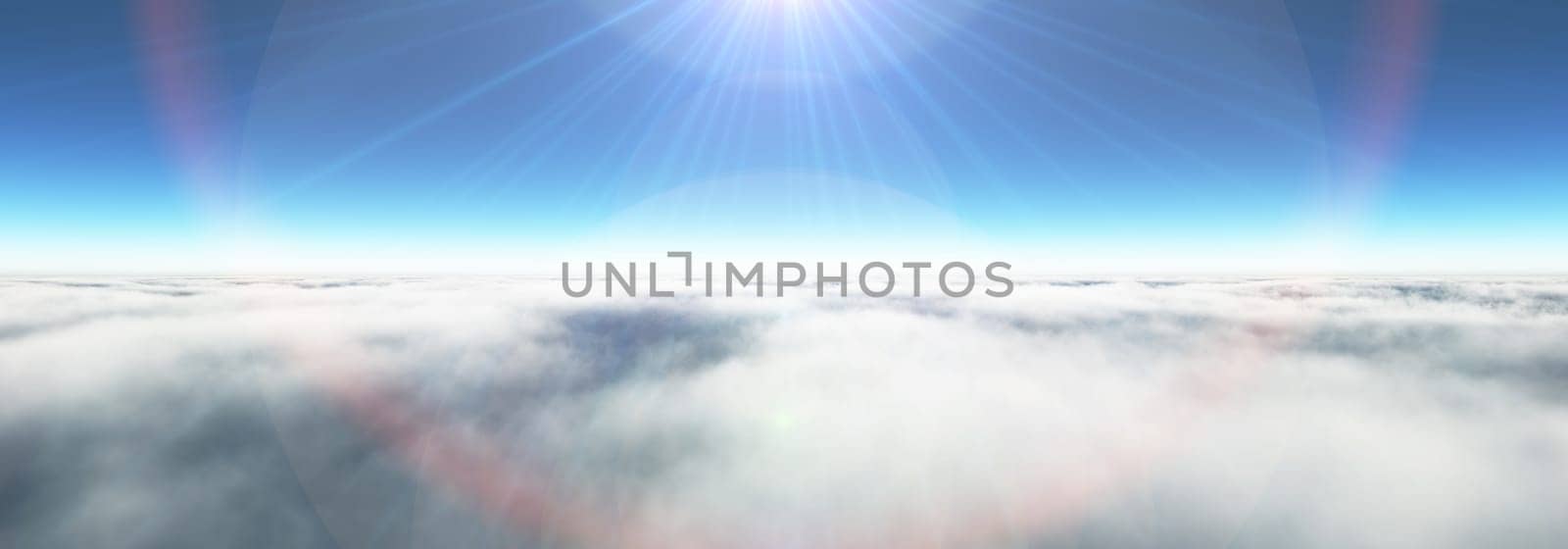 Above clouds sun ray, 3d rendering illustration