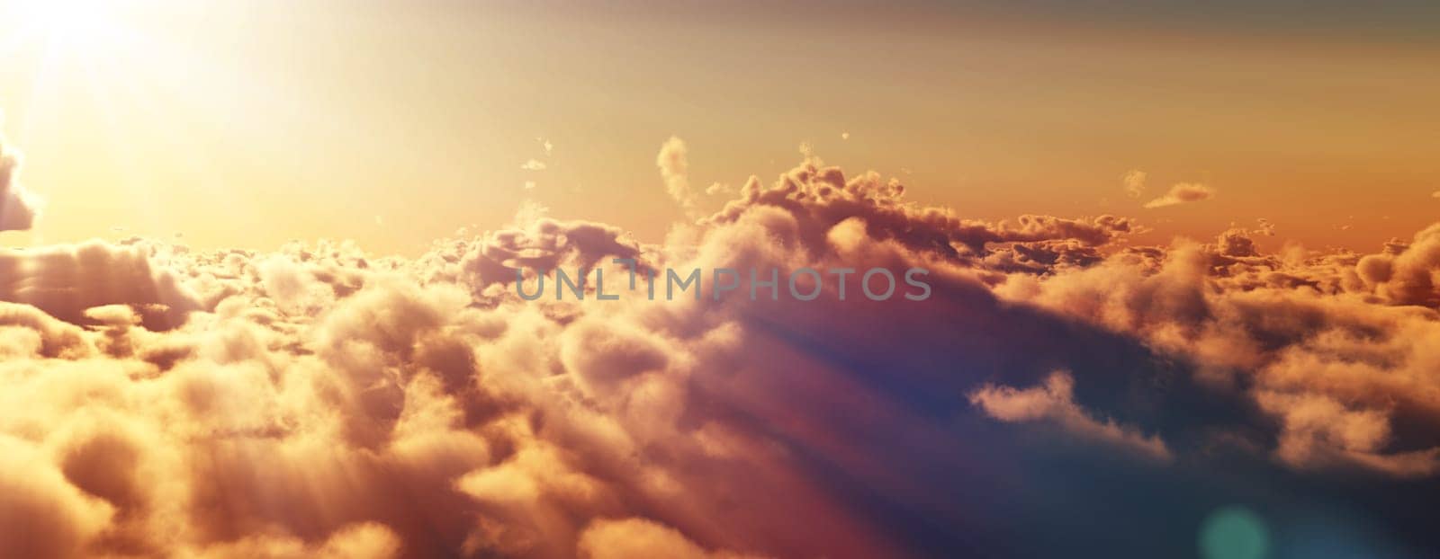 above clouds fly sunset sun ray illustration, 3d render