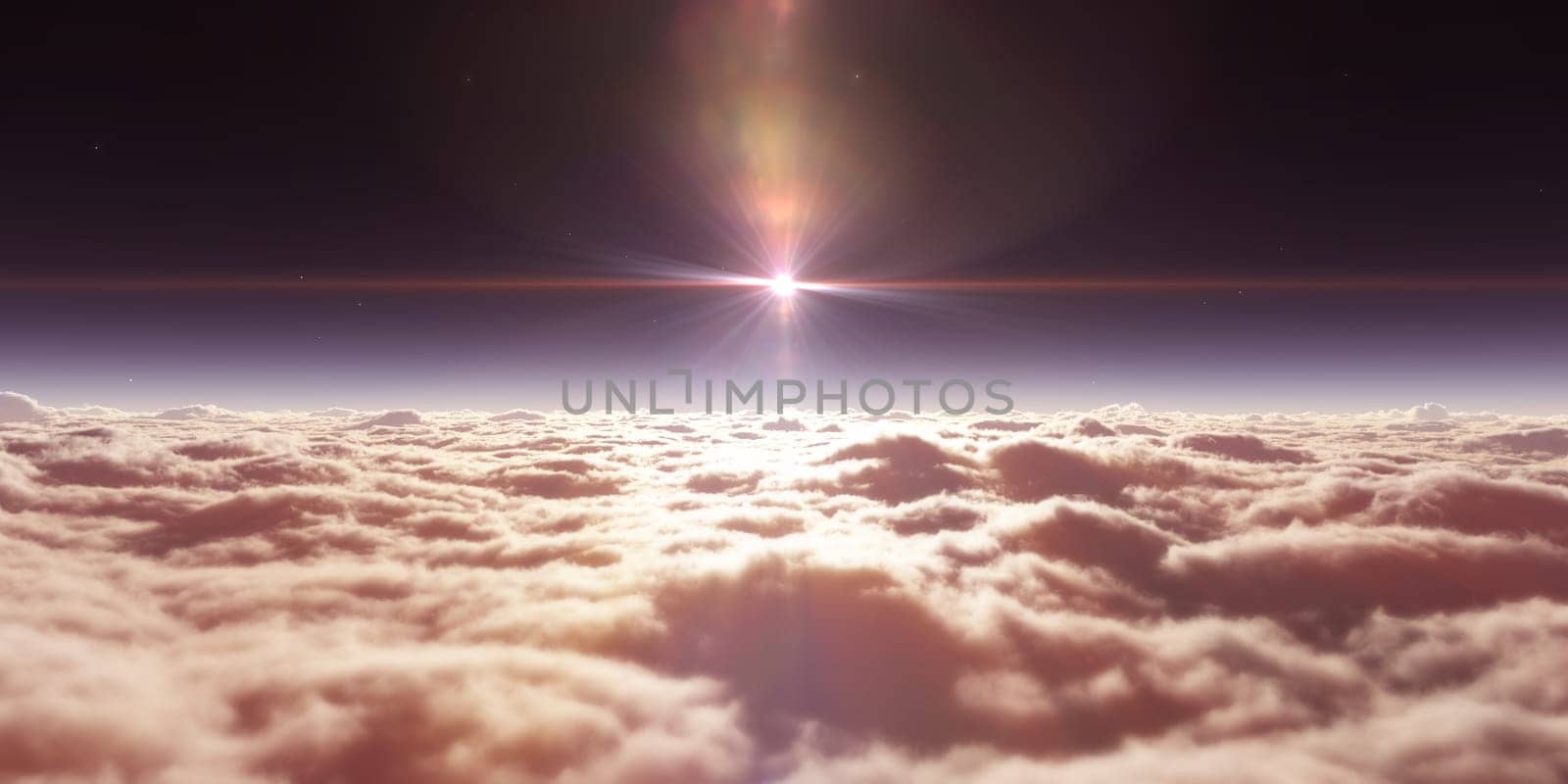 dream fly above clouds ray light, 3d rendering illustration