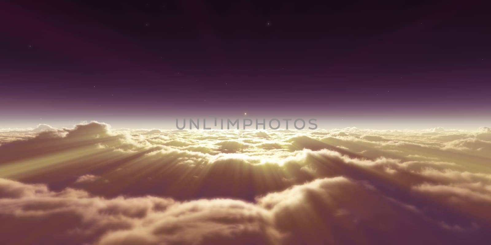 dream fly above clouds ray light, 3d rendering illustration