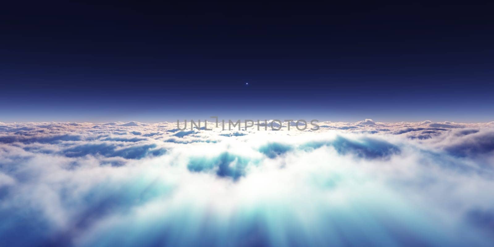 dream fly above clouds ray light, 3d rendering illustration