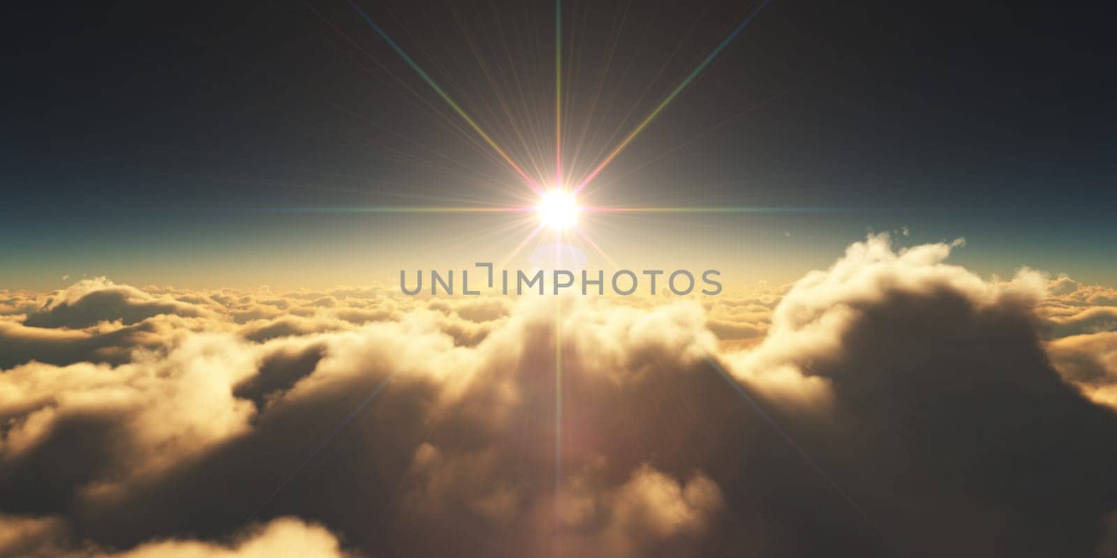 above clouds sunrise sun ray illustration, 3d rendering