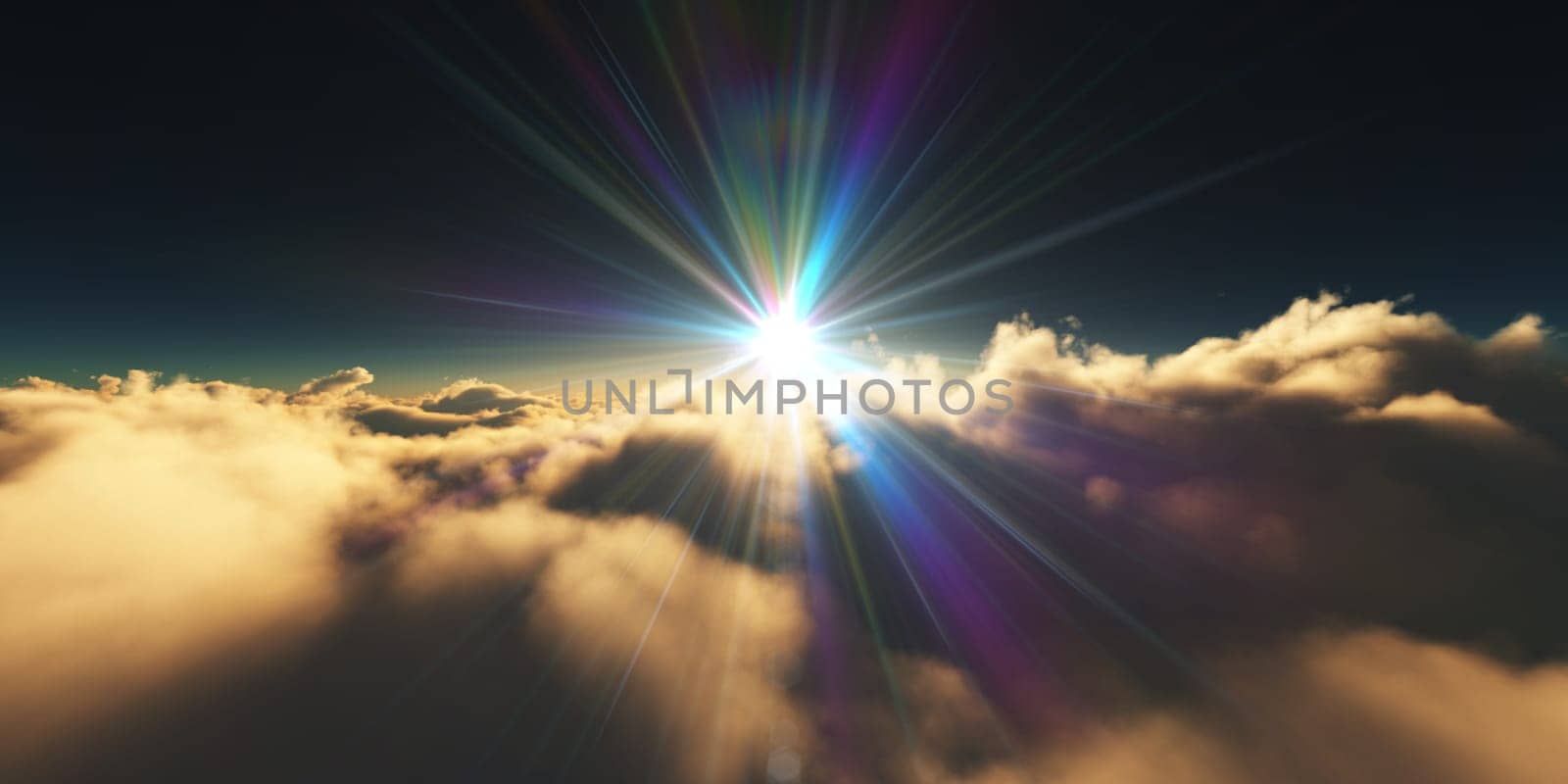 above clouds sunrise sun ray illustration, 3d rendering