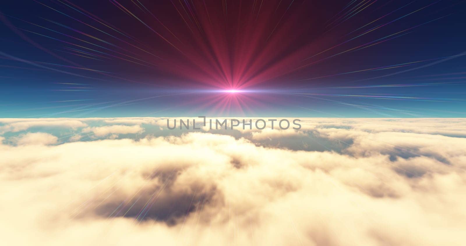 fly above clouds sunset landscape 3d render by alex_nako